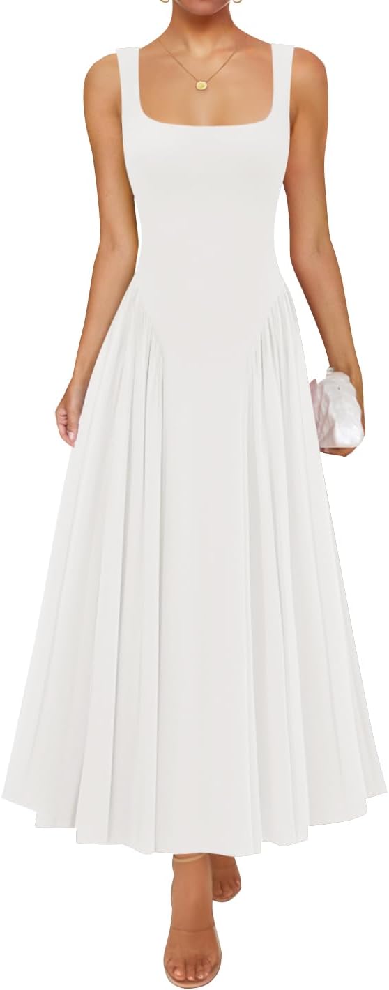 Womens 2026 Summer Sleeveless Square Neck Sundress Casual Long Flowy A Line Beach Vacation Maxi Dresses