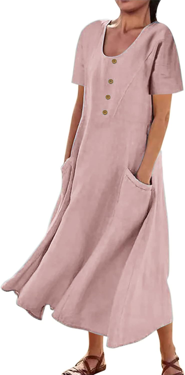 Women's Plus Size Short Sleeve Casual Cotton Linen Long Dress Crew Neck Button Summer Beach Maxi Dress