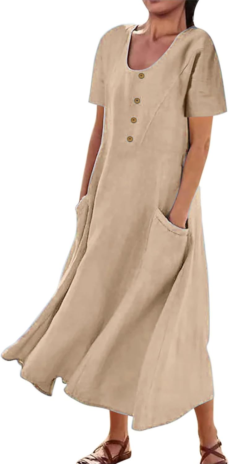 Women's Plus Size Short Sleeve Casual Cotton Linen Long Dress Crew Neck Button Summer Beach Maxi Dress